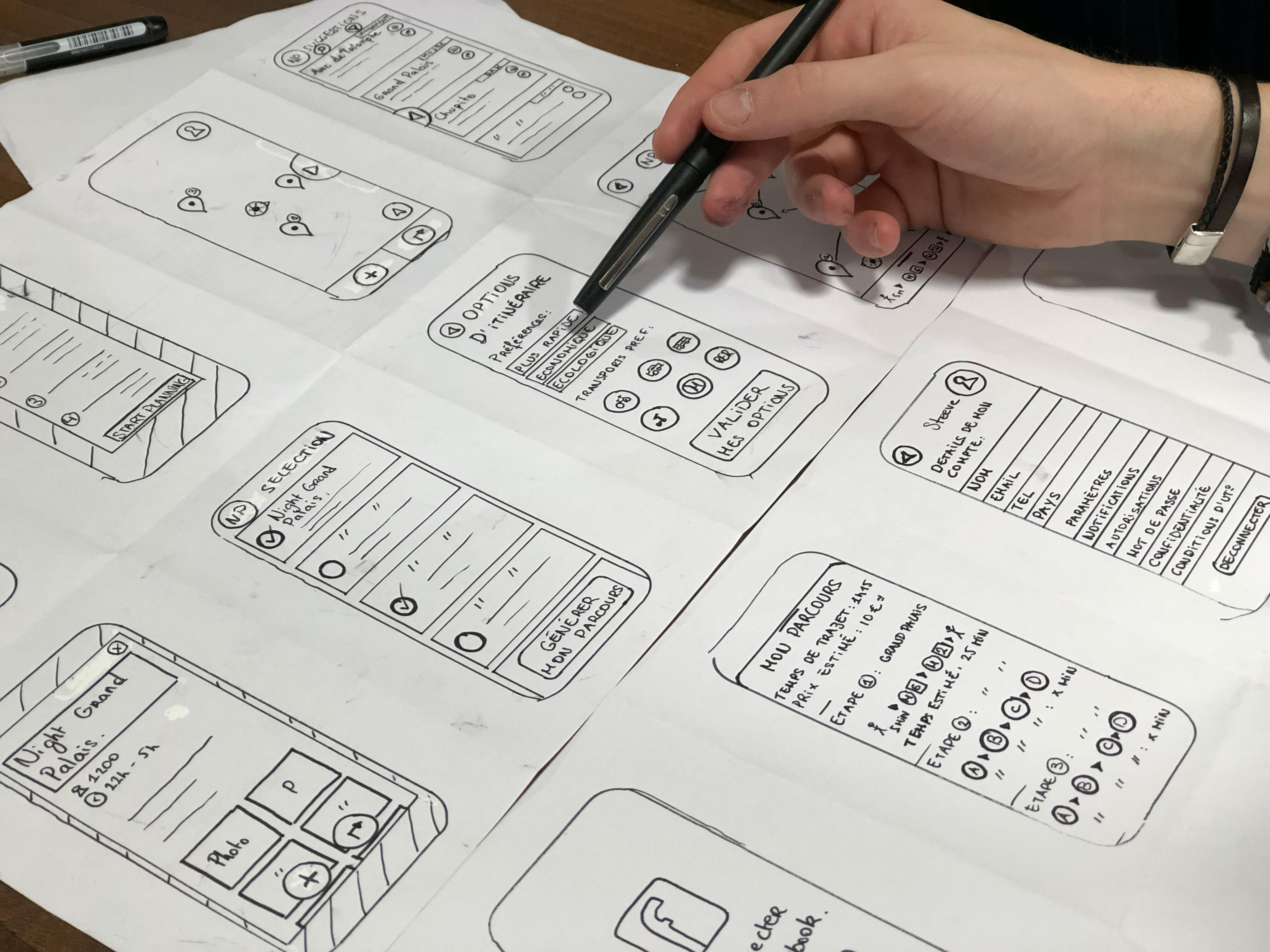 Jemand zeichnet Mobile Wireframes auf ein Blatt Papier.