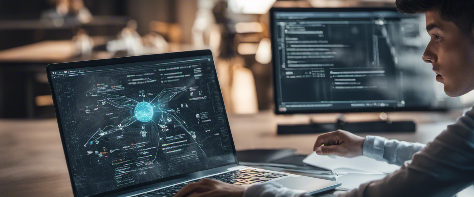 Ein junger Mann arbeitet an einem Computer mit komplexen Datenvisualisierungen und Code auf zwei Bildschirmen